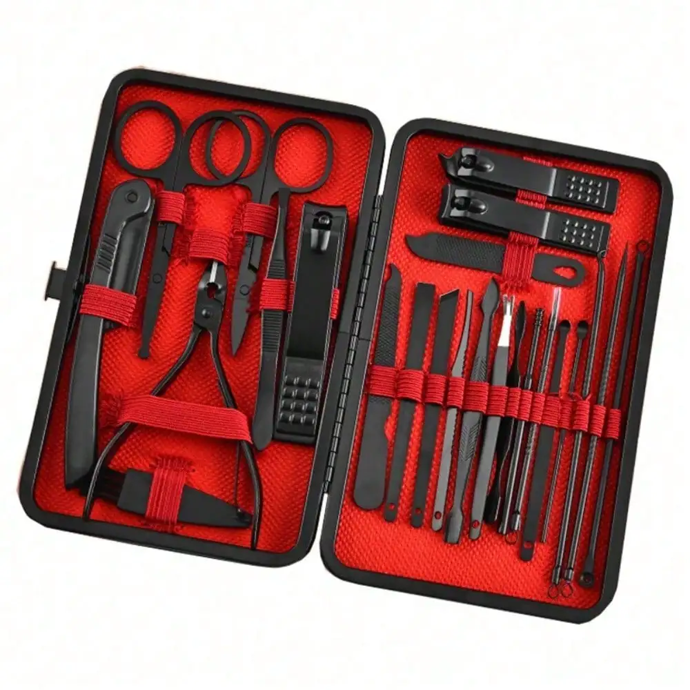 Nail Care Kit Mens - ชุดอุปกรณ์ทำเล็บมือและเล็บเท้าแบบมืออาชีพ 8/24 ชิ้น, ชุดกรรไกรตัดเล็บสแตนเลสสีดำคุณภาพพรีเมียม, อุปกรณ์ดูแลผิวหน้าและเท้าแบบครบวงจรพร้อมกระเป๋าพกพาสำหรับผู้ชายและผู้หญิง