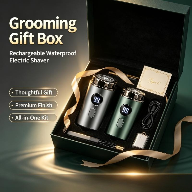 Mens Grooming Box - เครื่องโกนหนวดไฟฟ้ากันน้ำแบบชาร์จ USB สำหรับผู้ชาย พร้อมหน้าจอ LED เครื่องโกนหนวดพกพาไร้สายสำหรับเดินทาง